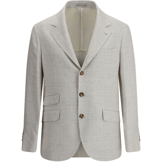 Brunello Cucinelli Jackets Beige linen suit-type jacket with grey button fastening, chest welt pocket, and three side flap pockets.