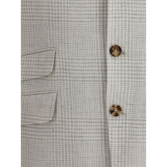 Brunello Cucinelli Jackets Beige linen suit jacket with grey buttons, chest welt pocket, and side flap pockets.
