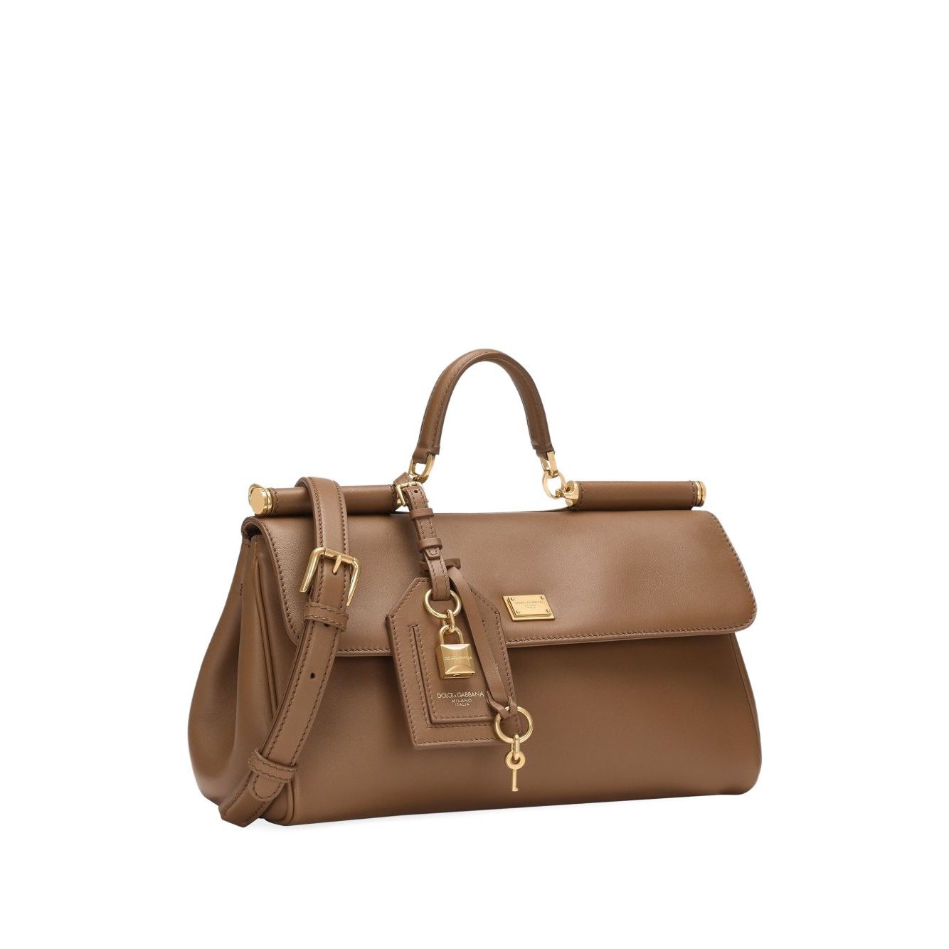 Alt Tag: Dolce & Gabbana Sicily soft leather handbag in caramel brown with foldover top, magnetic fastening, top handle, and gold padlock detail.