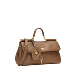Alt Tag: Dolce & Gabbana Sicily soft leather handbag in caramel brown with foldover top, magnetic fastening, top handle, and gold padlock detail.
