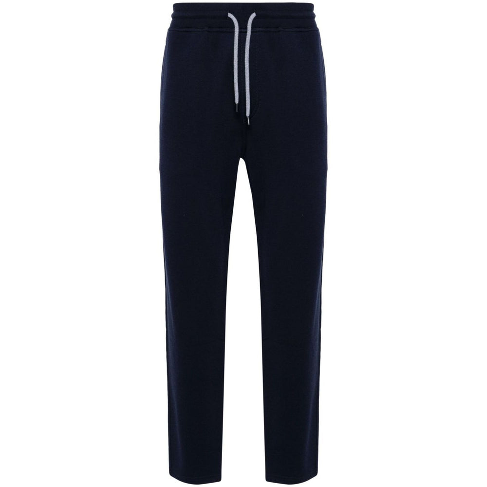 Brunello Cucinelli Trousers Blue with elastic waistband, navy cotton blend, tapered leg, drawstring, and four pockets.
