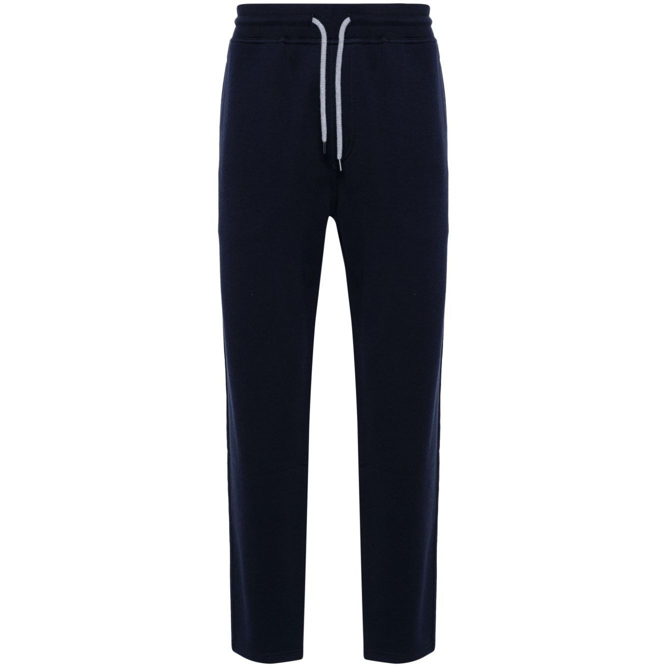 Brunello Cucinelli Trousers Blue with elastic waistband, navy cotton blend, tapered leg, drawstring, and four pockets.