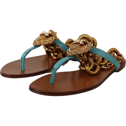 Dolce & Gabbana Blue Leather Devotion Flats Sandals