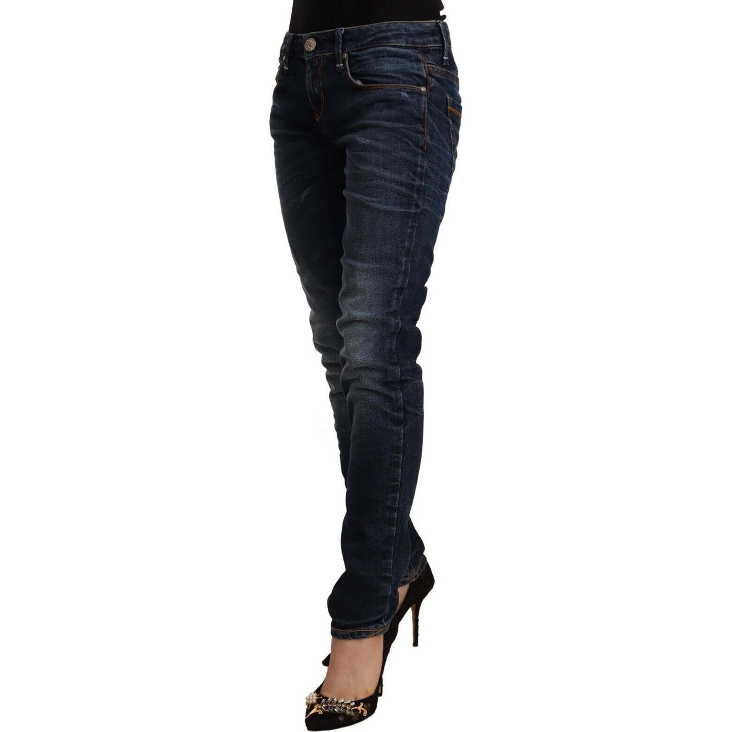 Acht Blue Washed Cotton Mid Waist Skinny Denim Jeans