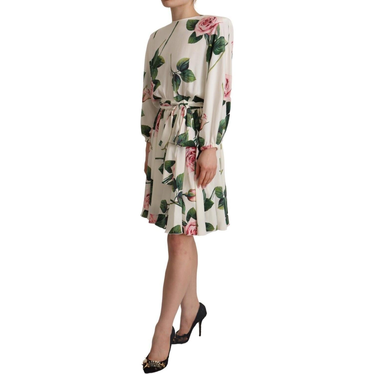 Dolce & Gabbana White Rose Print Long Sleeves A-line Dress