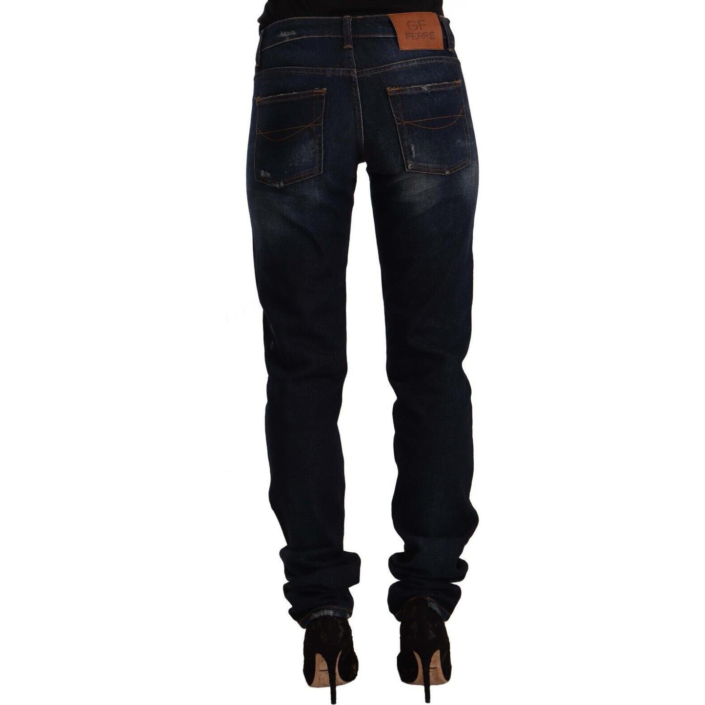 GF Ferre Dark Blue Washed Mid Waist Cotton Denim Skinny Jeans