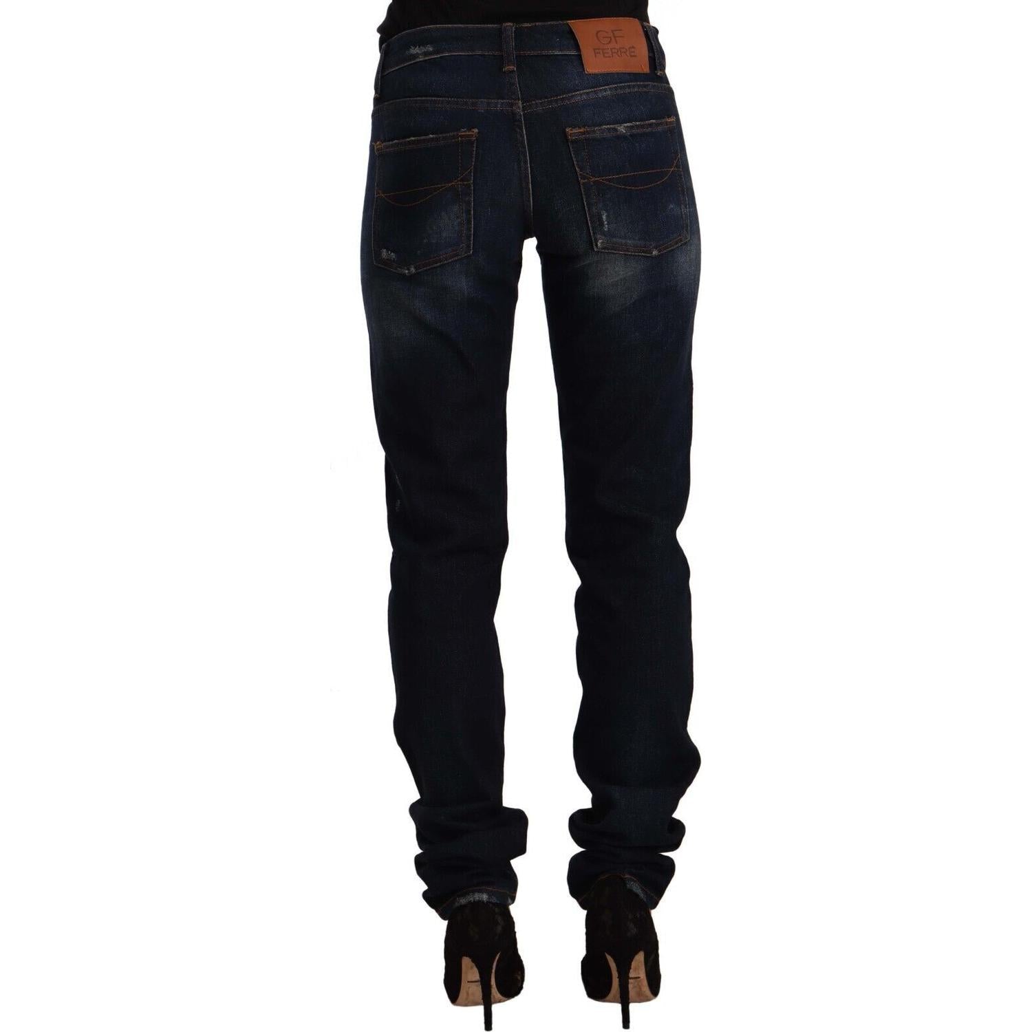 GF Ferre Dark Blue Washed Mid Waist Cotton Denim Skinny Jeans