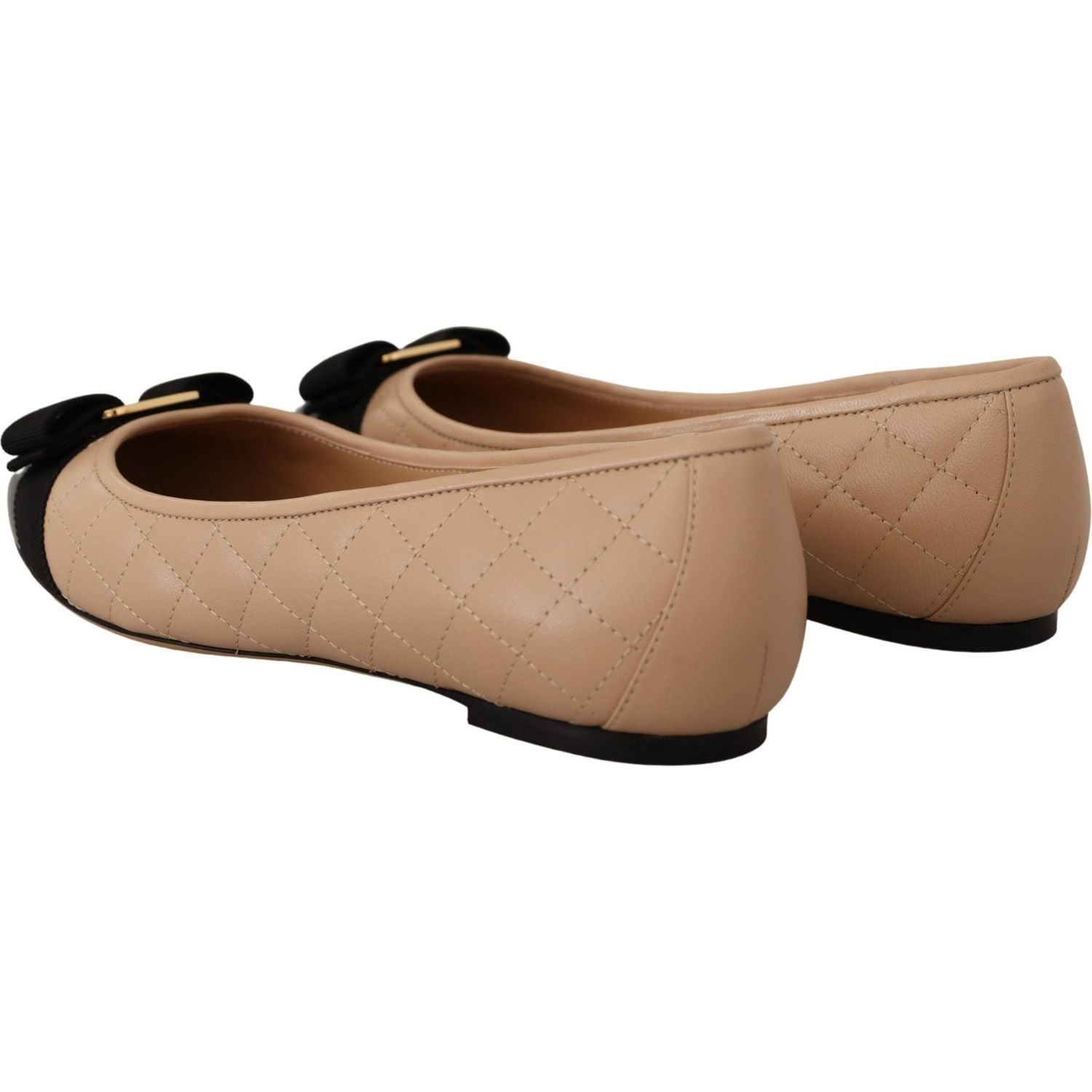 Salvatore Ferragamo Beige and Black Nappa Leather Ballet Flat Shoes