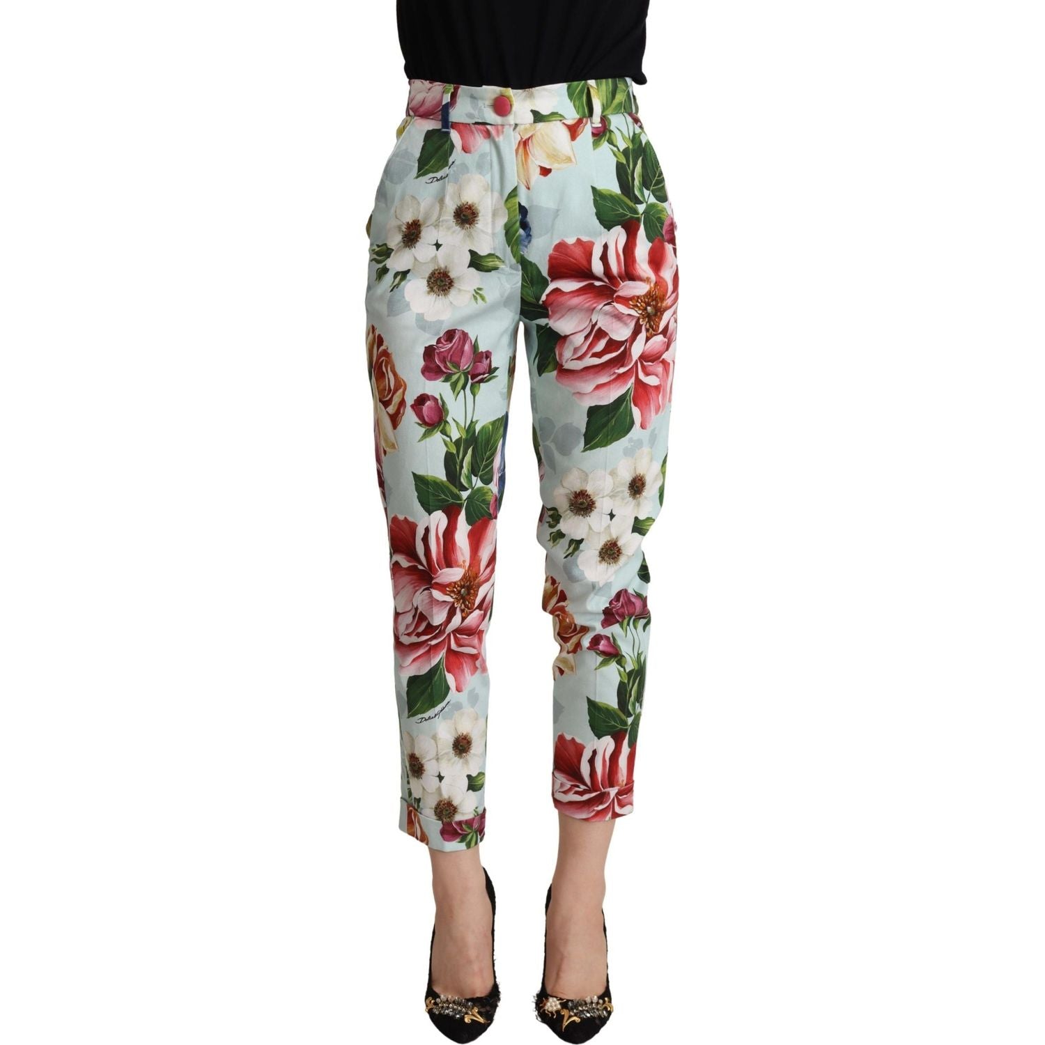 Dolce & Gabbana Light Blue Fiori Print Cotton Trouser Tapered Pants