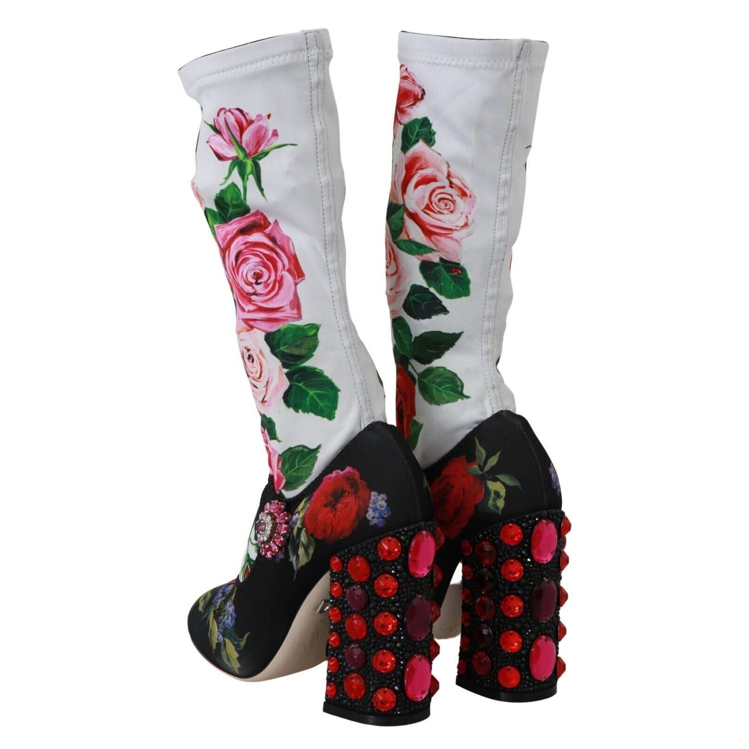 Dolce & Gabbana Black Floral Socks Crystal Jersey Boots Shoes