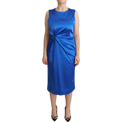 P.A.R.O.S.H. Blue Acetate Sleeveless Pleated Midi Sheath Dress