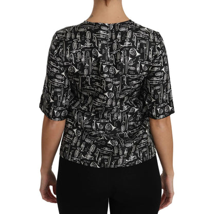 Dolce & Gabbana Black Musical Instruments Print Silk Blouse