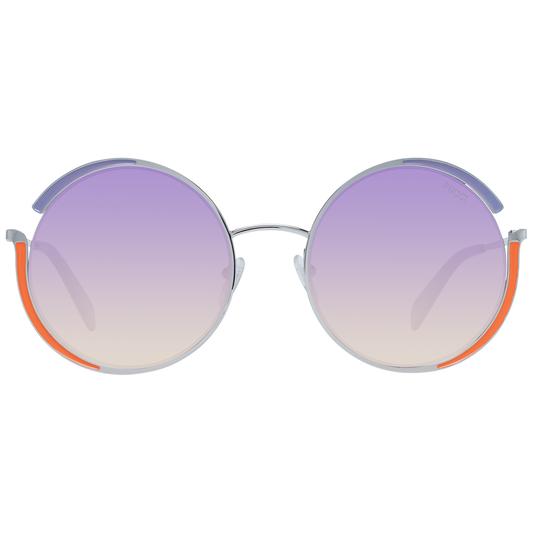 Alt Tag: Emilio Pucci multicolor women's round sunglasses with mirrored purple gradient lenses, silver metal frame, full-rim style.