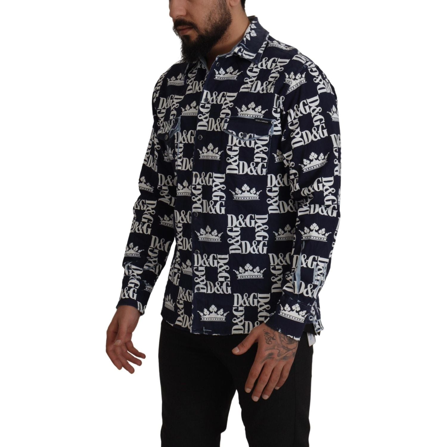 Dolce & Gabbana Blue Denim Stretch DG Crown Logo Casual Shirt