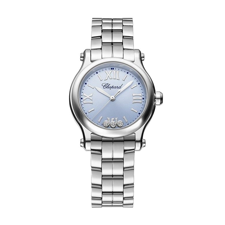CHOPARD MOD. HAPPY SPORT AUTOMATIC W/Diamonds luxury ladies stainless steel wristwatch with sapphire dial, Swiss-made, 30mm case.