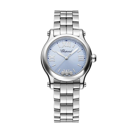 CHOPARD MOD. HAPPY SPORT AUTOMATIC W/Diamonds luxury ladies stainless steel wristwatch with sapphire dial, Swiss-made, 30mm case.
