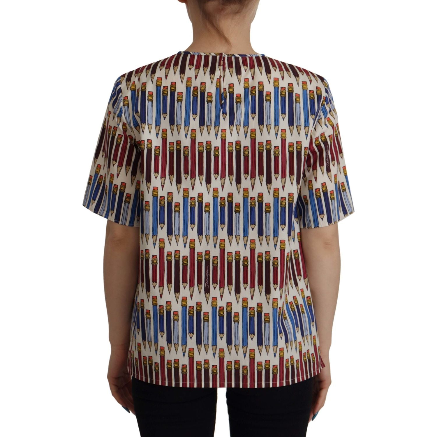 Dolce & Gabbana White Pencil Print Cotton T-shirt Blouse