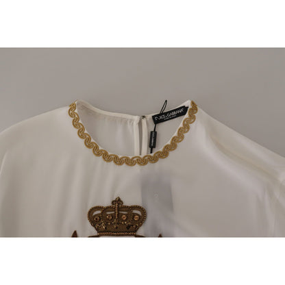 Dolce & Gabbana White Silk Gold DG Crown Crystal Blouse Top