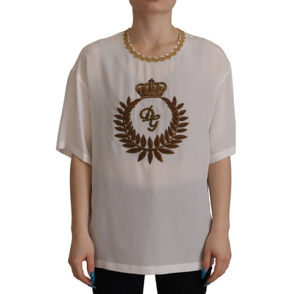 Dolce & Gabbana White Silk Gold DG Crown Crystal Blouse Top
