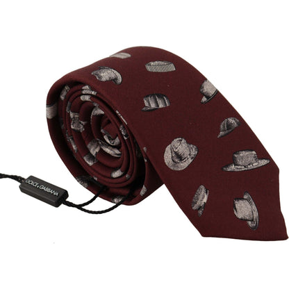 Dolce & Gabbana Maroon Hat Pattern 100% Silk Adjustable Accessory Tie