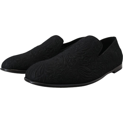 Dolce & Gabbana Black Floral Jacquard Slippers Loafers Shoes