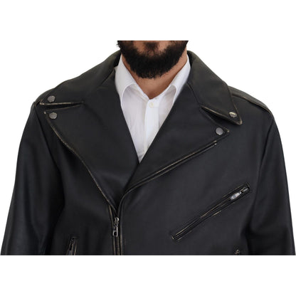 Dolce & Gabbana Black Leather Biker Coat Zipper Jacket