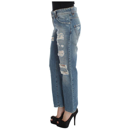 John Galliano Blue Wash Cotton Boyfriend Fit Cropped Jeans