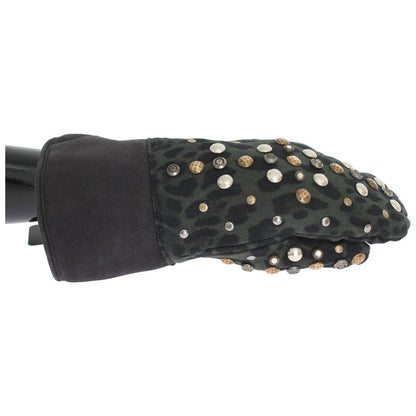 Dolce & Gabbana Gray Wool Shearling Studded Green Leopard Gloves
