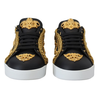 Dolce & Gabbana Black Gold Baroque Portofino Leather Sneakers Shoes