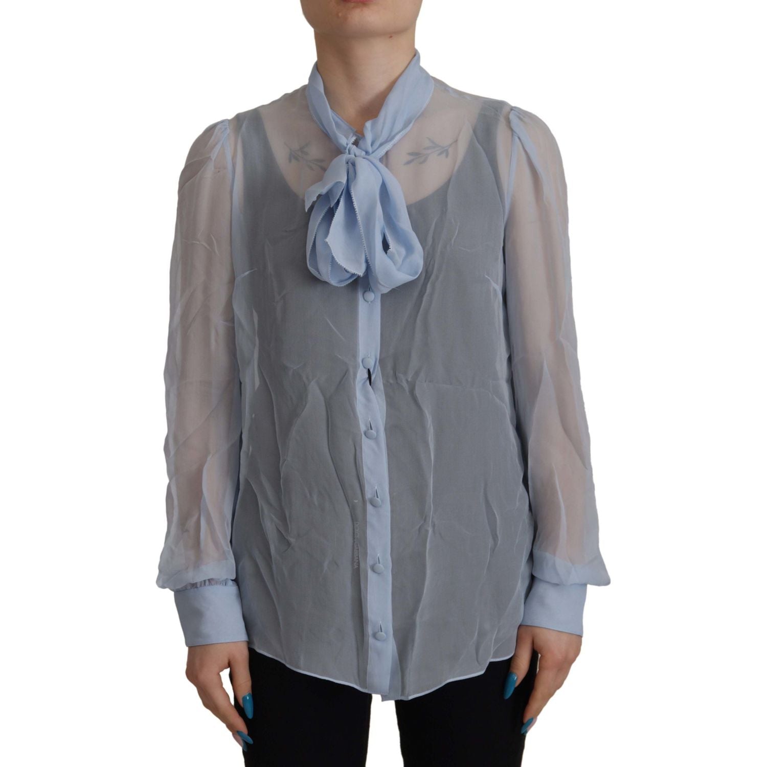 Dolce & Gabbana Light Blue Silk Ascot Collar Long Sleeves Top