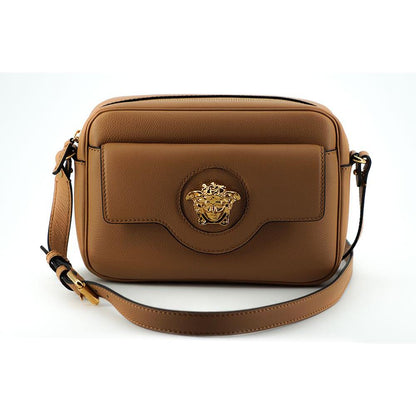 Versace Elegant Brown Leather Camera Case Shoulder Bag Crossbody Bag