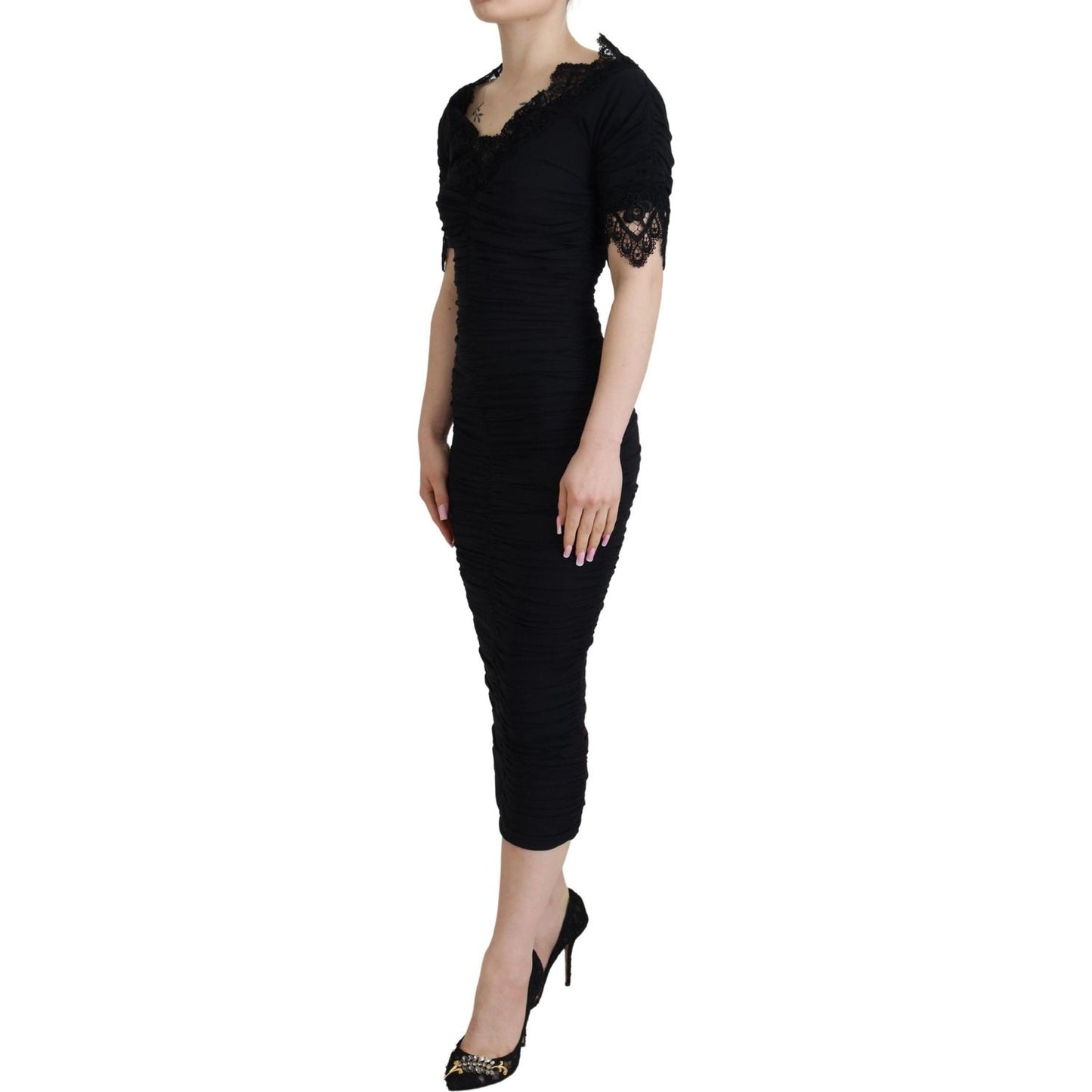 Dolce & Gabbana Black Sheath Midi Bodycon Lace Silk Dress