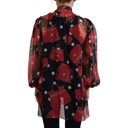 Dolce & Gabbana Black Red Sicily Bag Silk Shirt Top Blouse