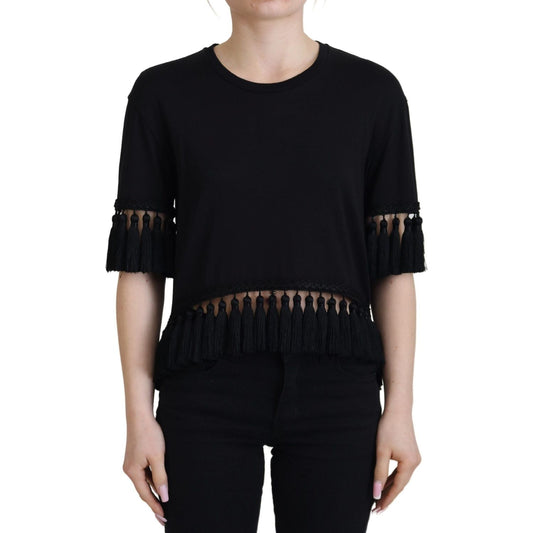 Dolce & Gabbana Black T-shirt Blouse Tassle Cotton Blouse