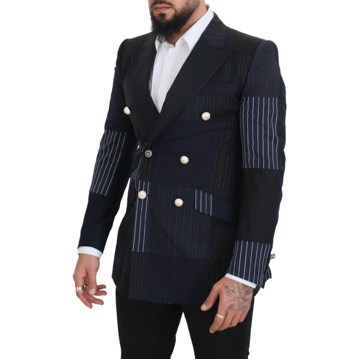 Dolce & Gabbana Blue Wool Patchwork Double Breasted Blazer
