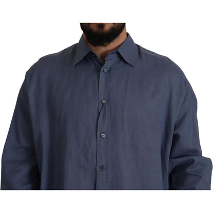 Dolce & Gabbana Dark Blue Linen Slim Fit Dress Formal Men Shirt