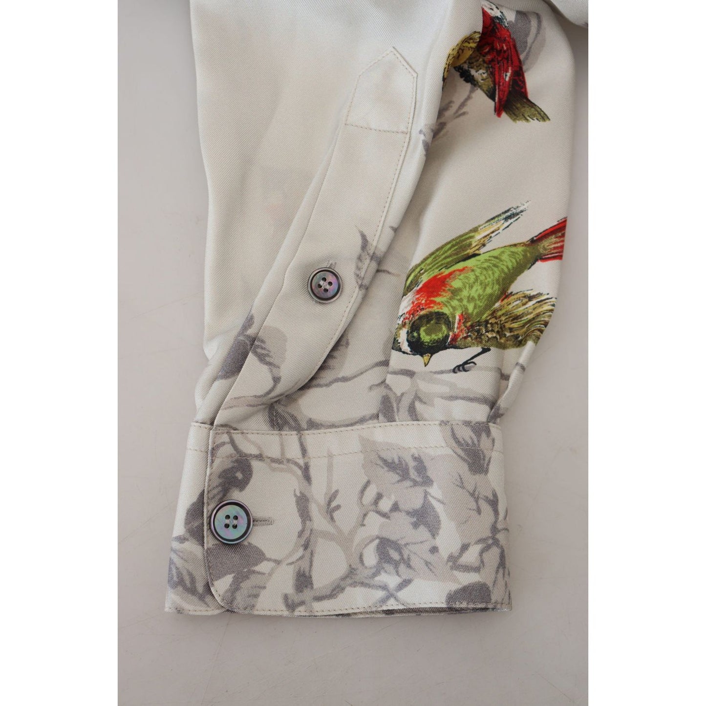 Dolce & Gabbana White Bird Print Silk Satin Casual Shirt