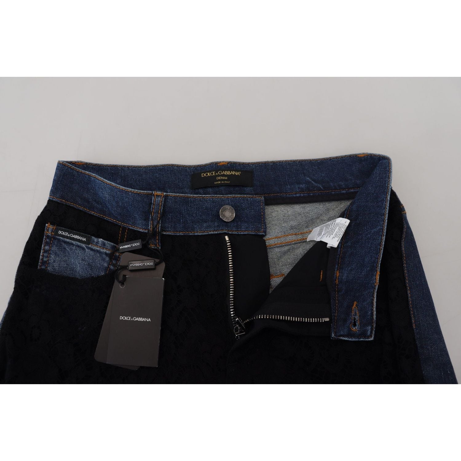 Dolce & Gabbana Black Floral Lace Front Skinny Denim Jeans