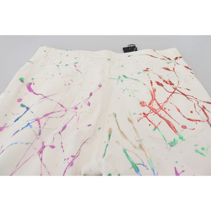 Dolce & Gabbana White Cotton Color Splash Print Denim Pants