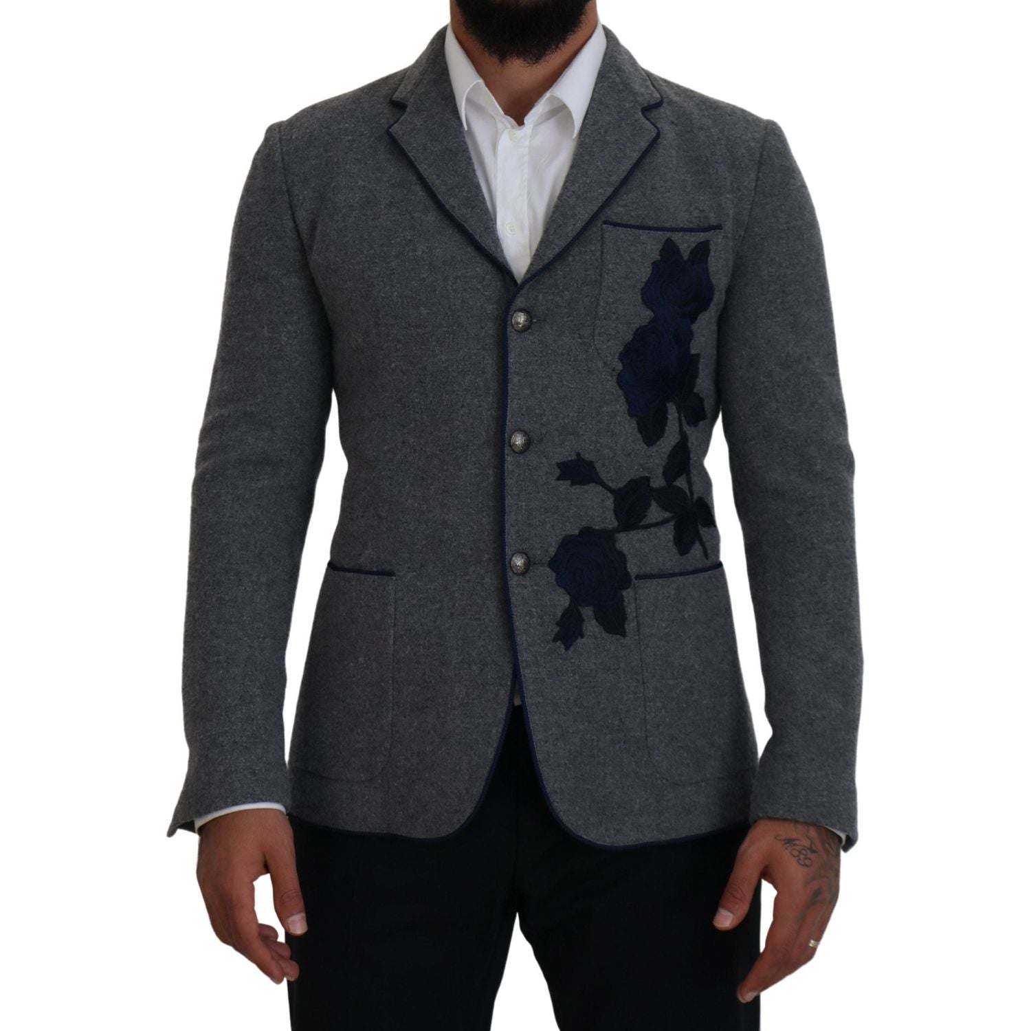 Dolce & Gabbana Gray Wool Roses Slim Fit Jacket Blazer