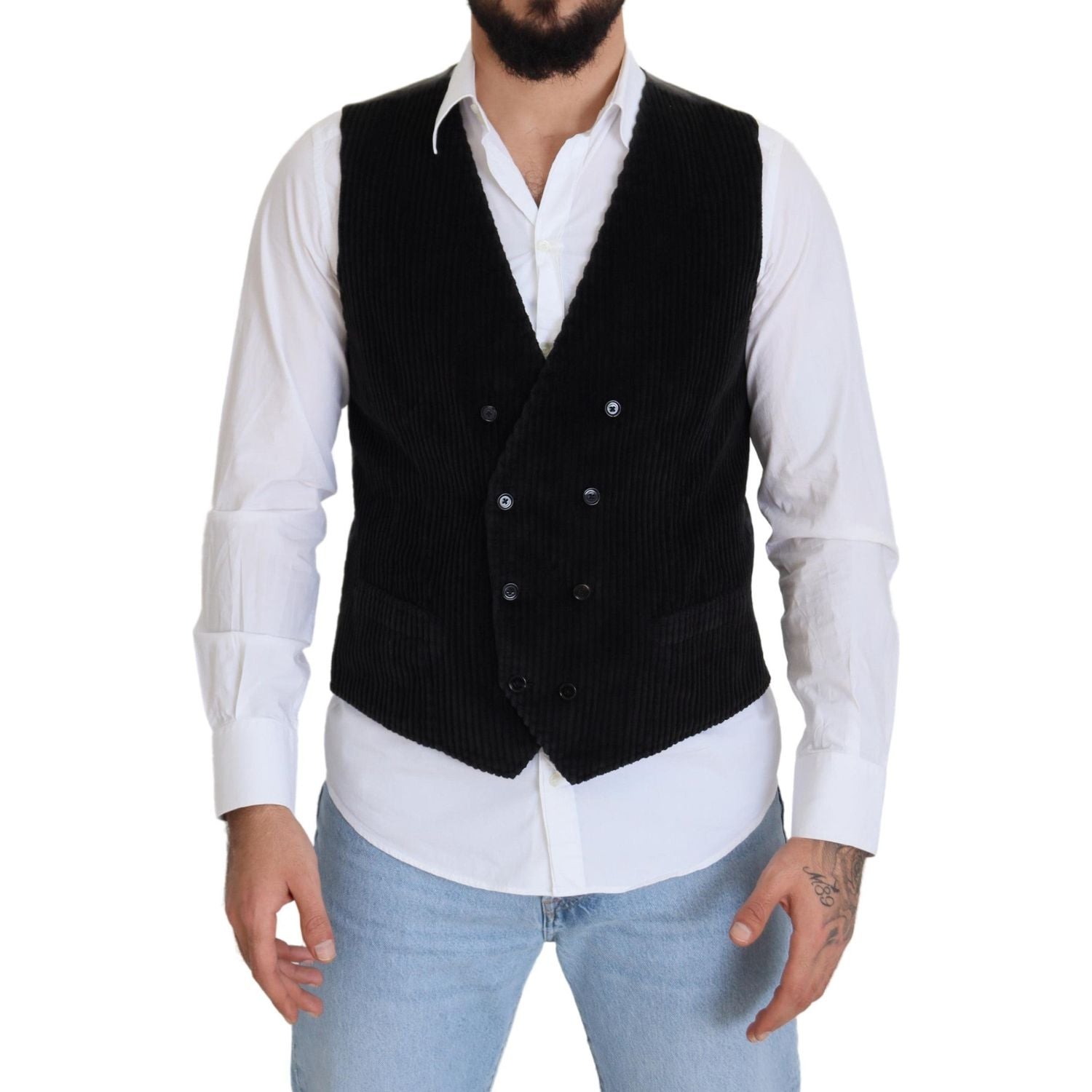 Dolce & Gabbana Black Cotton Double Breasted Waistcoat Vest