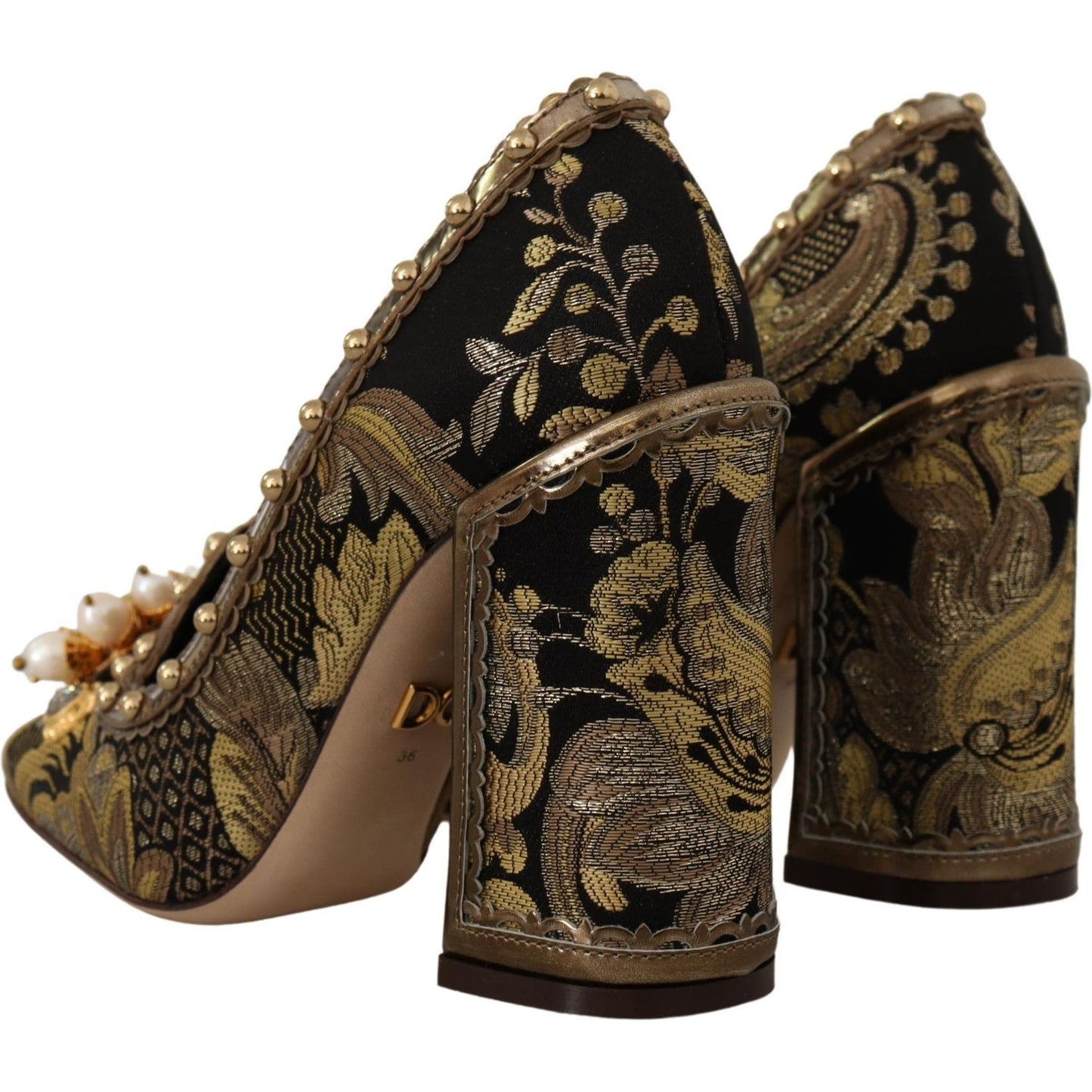Dolce & Gabbana Gold Crystal Square Toe Brocade Pumps Shoes LA9965 - 36