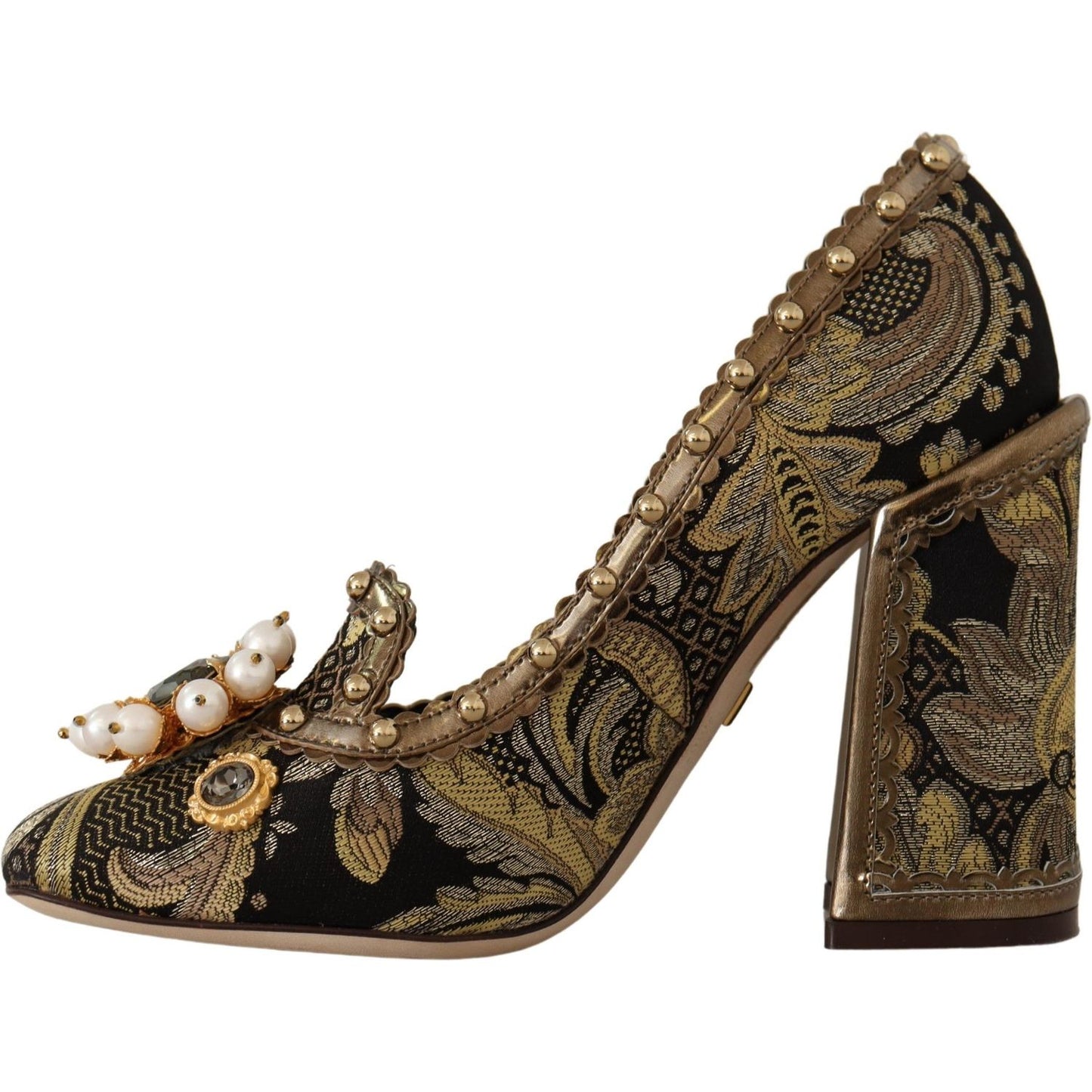 Dolce & Gabbana Gold Crystal Square Toe Brocade Pumps Shoes LA9965 - 36
