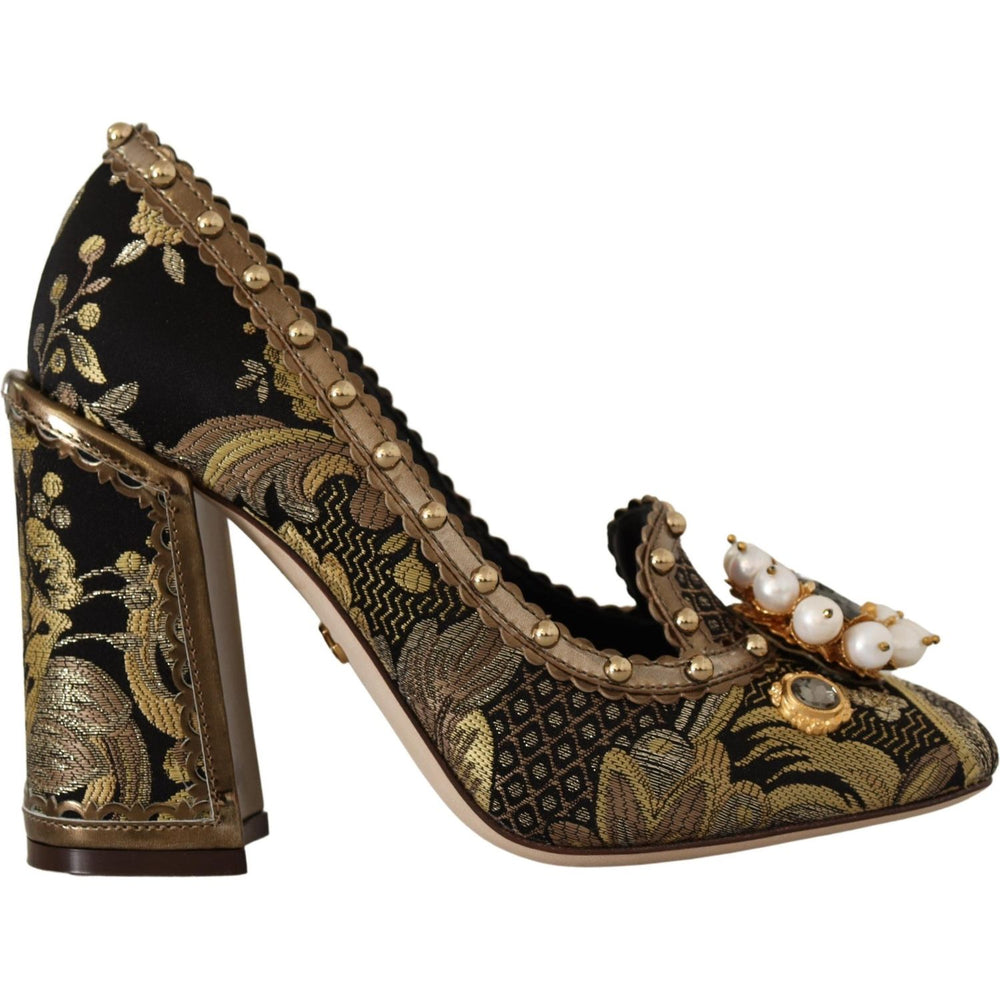 Dolce & Gabbana Gold Crystal Square Toe Brocade Pumps Shoes LA9965 - 36