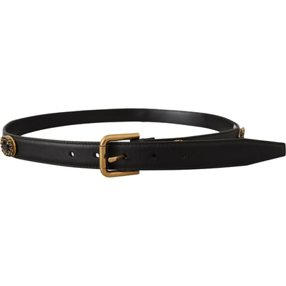 Dolce & Gabbana Black Leather Embellished Crystal Logo Belt