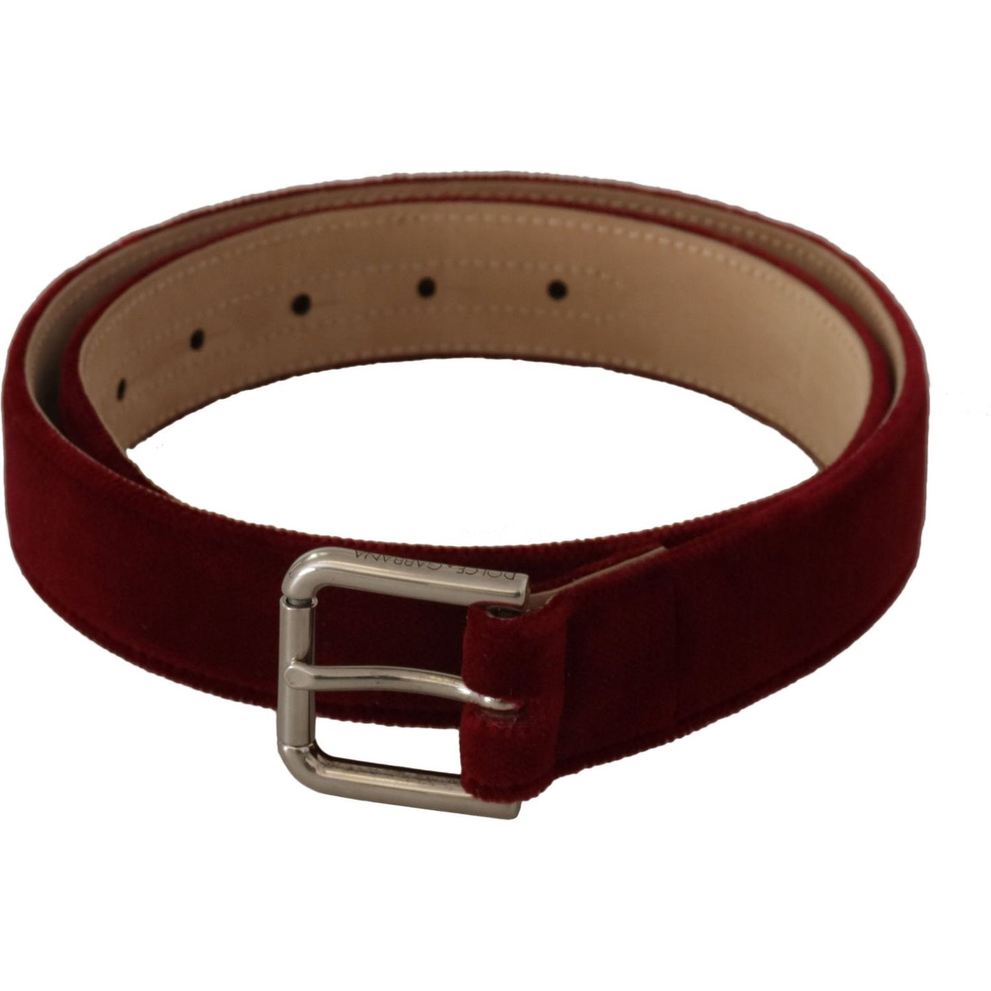 Dolce & Gabbana Red Velvet Silver Logo Engraved Metal Buckle Belt