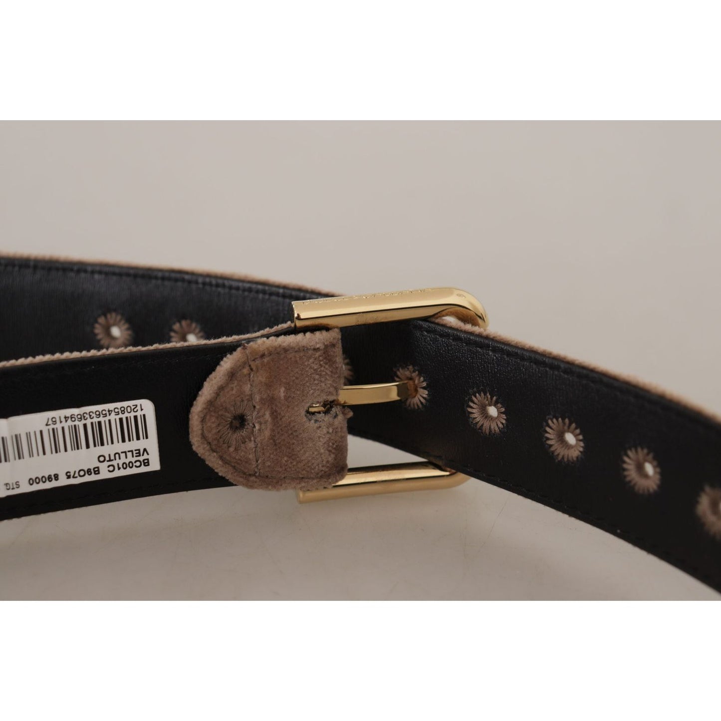 Dolce & Gabbana Light Brown Velvet Gold Tone Logo Metal Buckle Belt