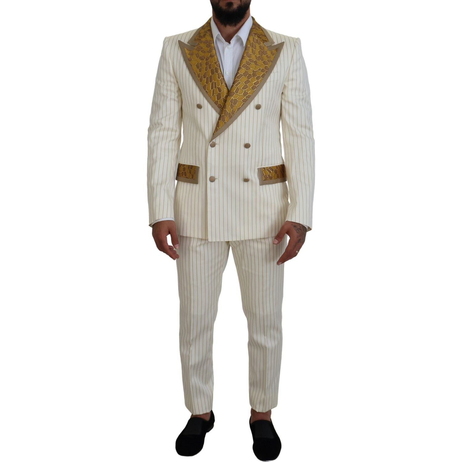 Dolce & Gabbana Off White Gold Striped Tuxedo Slim Fit Suit