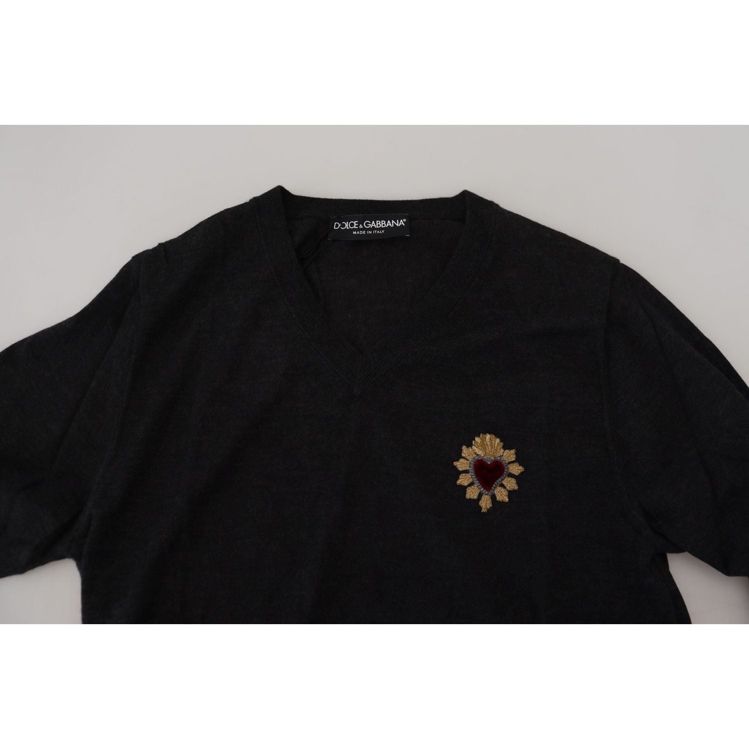 Dolce & Gabbana Gray Cashmere V-neck Gold Heart Sweater
