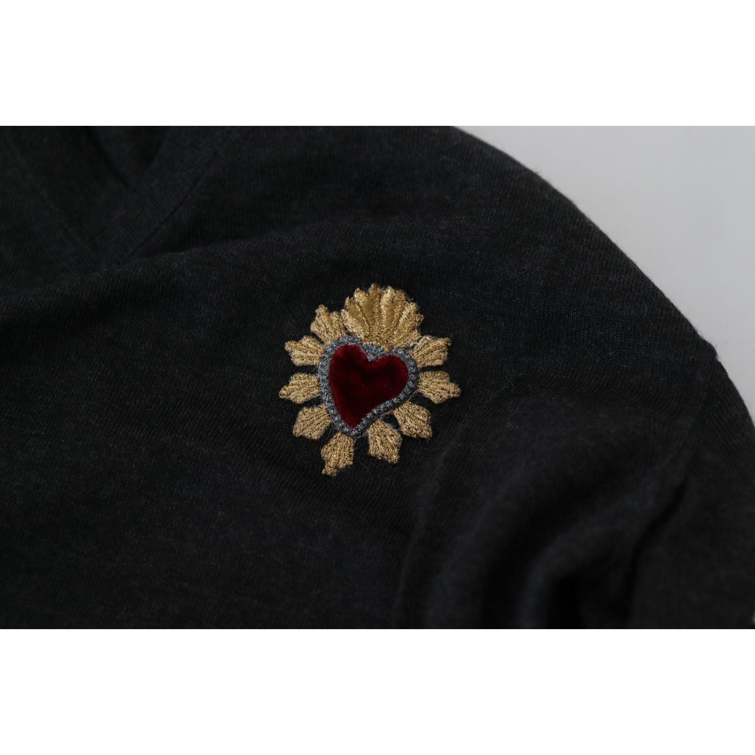 Dolce & Gabbana Gray Cashmere V-neck Gold Heart Sweater